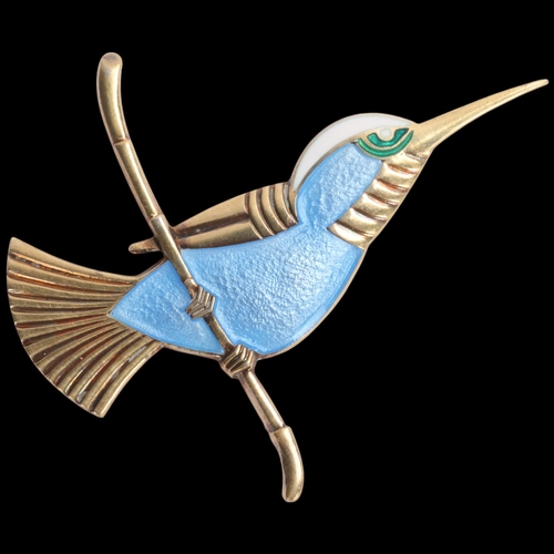 1585 - EGON LAURIDSEN - a Danish modernist vermeil sterling silver enamel kingfisher brooch, 54.8mm, 8.5g