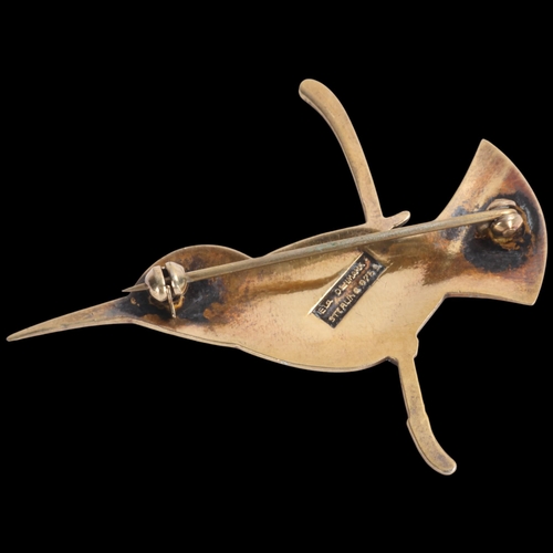 1585 - EGON LAURIDSEN - a Danish modernist vermeil sterling silver enamel kingfisher brooch, 54.8mm, 8.5g