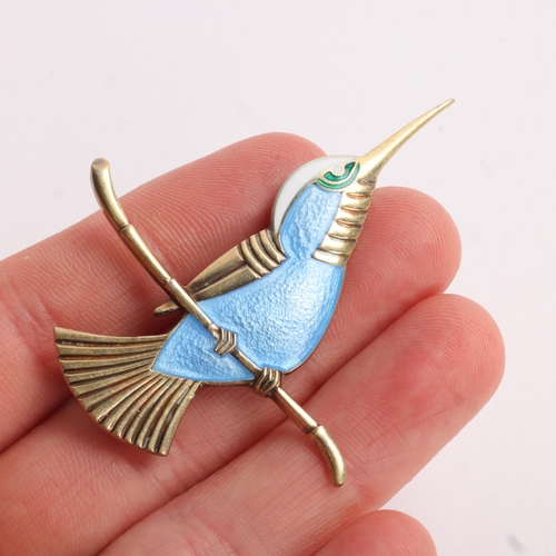 1585 - EGON LAURIDSEN - a Danish modernist vermeil sterling silver enamel kingfisher brooch, 54.8mm, 8.5g