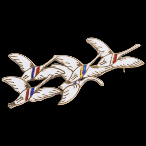1586 - ERIK MAGNUSSEN - a Danish modernist sterling silver-gilt enamel 'Eneret' flying geese brooch, 59.3mm... 