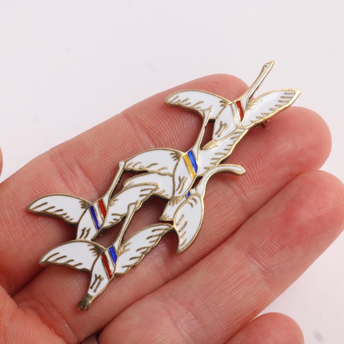 1586 - ERIK MAGNUSSEN - a Danish modernist sterling silver-gilt enamel 'Eneret' flying geese brooch, 59.3mm... 