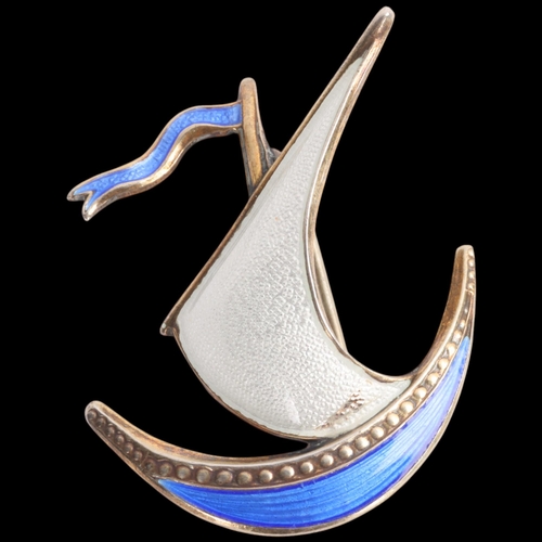 1588 - IVAR T HOLTH - a Norwegian modernist sterling silver-gilt enamel Viking Ship brooch, 33.7mm, 3.6g