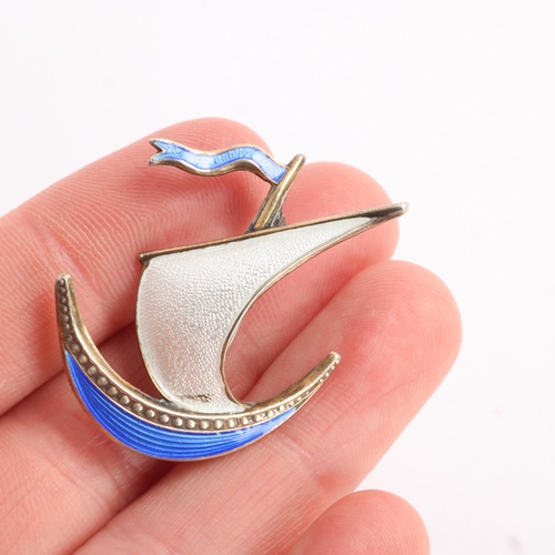 1588 - IVAR T HOLTH - a Norwegian modernist sterling silver-gilt enamel Viking Ship brooch, 33.7mm, 3.6g