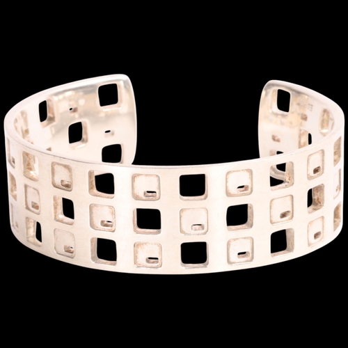 1590 - ESPRIT - a heavy Danish modernist sterling silver geometric abstract cuff bangle, with square punch-... 