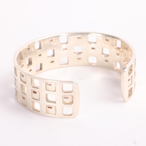 1590 - ESPRIT - a heavy Danish modernist sterling silver geometric abstract cuff bangle, with square punch-... 