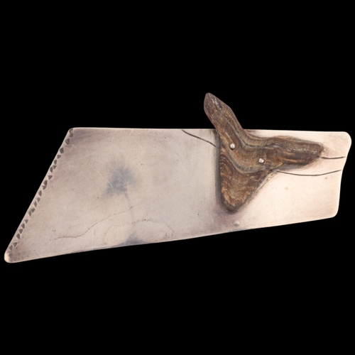 1591 - A large Continental modernist sterling silver petrified wood abstract brooch, unsigned, 10cm, 17.7g