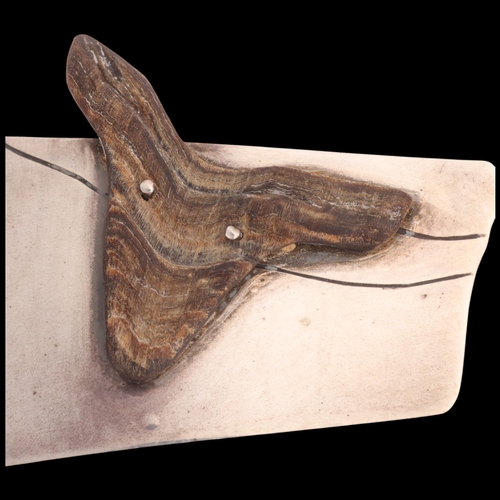 1591 - A large Continental modernist sterling silver petrified wood abstract brooch, unsigned, 10cm, 17.7g