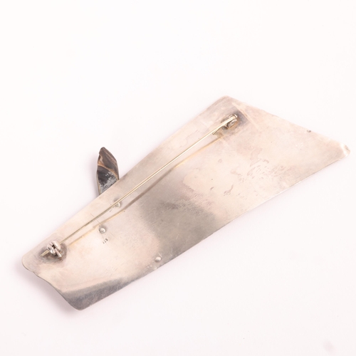 1591 - A large Continental modernist sterling silver petrified wood abstract brooch, unsigned, 10cm, 17.7g