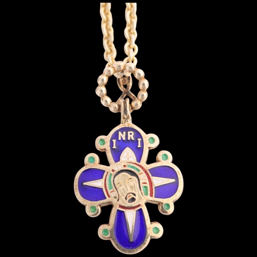 1595 - FLEMING LUND - a Danish sterling silver-gilt enamel crucifix pendant necklace, on sterling silver-gi... 