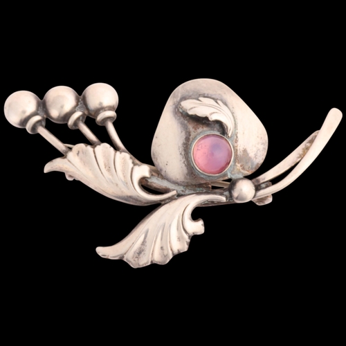 1605 - BRDR BJORKLUND - an Art Nouveau style Danish silver purple moonstone floral spray brooch, 52.8mm, 6.... 