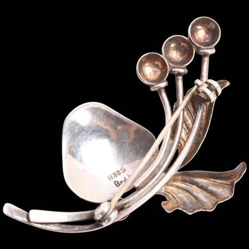 1605 - BRDR BJORKLUND - an Art Nouveau style Danish silver purple moonstone floral spray brooch, 52.8mm, 6.... 