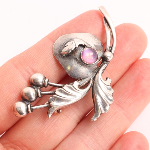1605 - BRDR BJORKLUND - an Art Nouveau style Danish silver purple moonstone floral spray brooch, 52.8mm, 6.... 