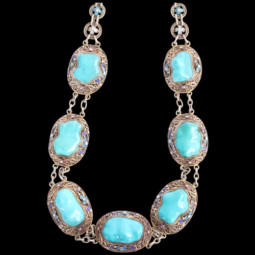 1611 - A Continental sterling silver-gilt turquoise enamel 'Chinoiserie' panel necklace, unsigned, possibly... 