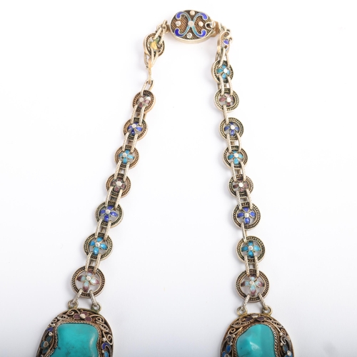 1611 - A Continental sterling silver-gilt turquoise enamel 'Chinoiserie' panel necklace, unsigned, possibly... 