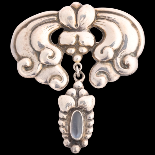 1614 - An Art Nouveau Danish silver moonstone floral drop brooch, 64.1mm, 9.5g