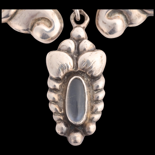 1614 - An Art Nouveau Danish silver moonstone floral drop brooch, 64.1mm, 9.5g