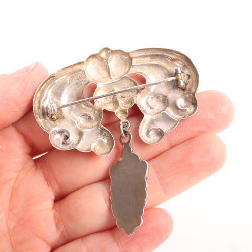 1614 - An Art Nouveau Danish silver moonstone floral drop brooch, 64.1mm, 9.5g