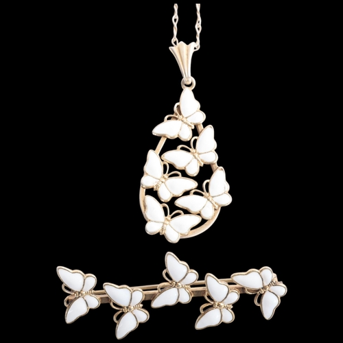 1620 - VOLMER BAHNER - a Danish modernist sterling silver-gilt white enamel butterfly pendant necklace and ... 