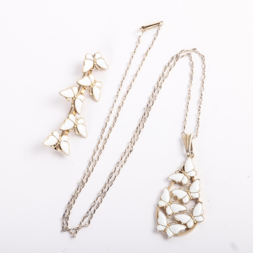 1620 - VOLMER BAHNER - a Danish modernist sterling silver-gilt white enamel butterfly pendant necklace and ... 