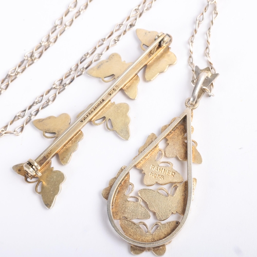 1620 - VOLMER BAHNER - a Danish modernist sterling silver-gilt white enamel butterfly pendant necklace and ... 
