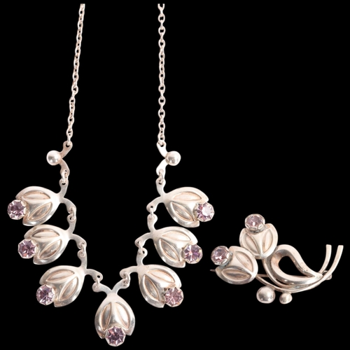 1621 - HERMANN SIERSBOLS - a Danish modernist sterling silver purple crystal floral fringe necklace and bro... 