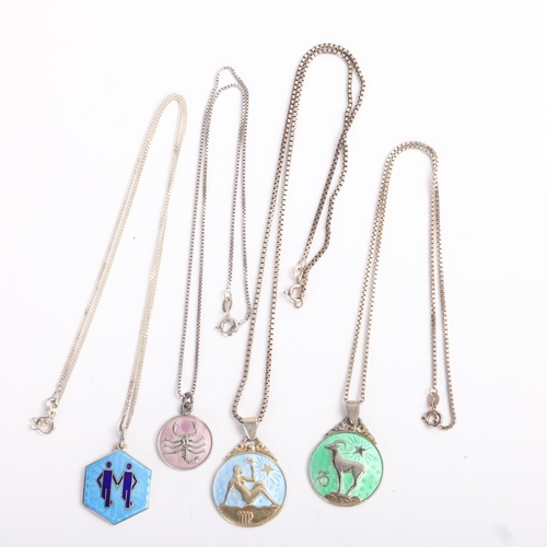 1629 - 4 Danish modernist sterling silver and enamel zodiac pendant necklaces, makers include David Anderse... 