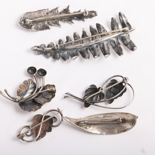 1632 - 6 Danish modernist silver floral brooches, makers include Eriksen and Hermann Siersbol, largest fern... 