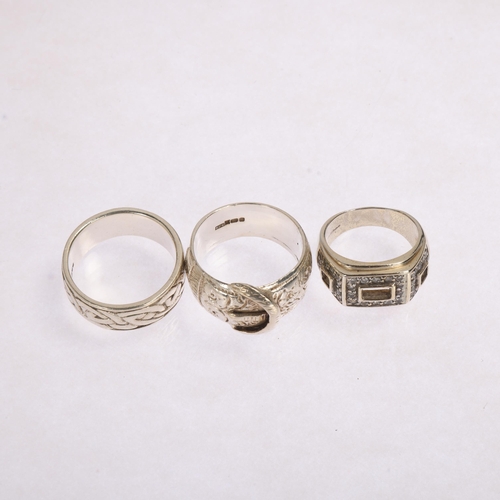 1649 - 3 heavy sterling silver rings, including belt buckle example, sizes Q, and Z x 2, 37.1g total (3)