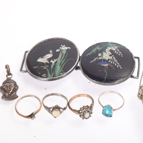 1664 - Various jewellery, including Japanese Meiji Period enamel nurse's buckle, silver rings, enamel pillb... 
