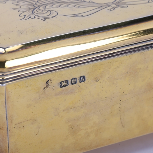 1701 - A fine George V silver-gilt cigarette box, indistinct maker mark with trophy, London 1936, canted re... 