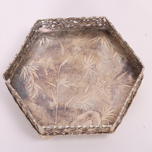 1704 - A Chinese Aesthetic hexagonal silver dish, retailed by Cumwo, with Artisan mark, engraved bird and b... 