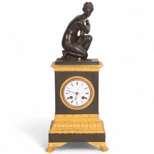 333 - 19th century French Empire bronze and ormolu mantel clock, surmounted by crouching Venus, 8-day stri... 