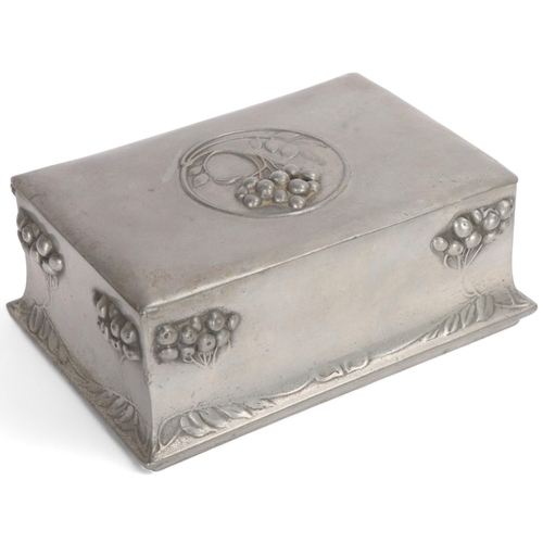 348 - An Art Nouveau pewter cigarette box, with relief fruit decoration, width 15cm