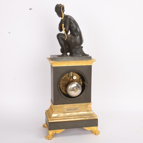 333 - 19th century French Empire bronze and ormolu mantel clock, surmounted by crouching Venus, 8-day stri... 