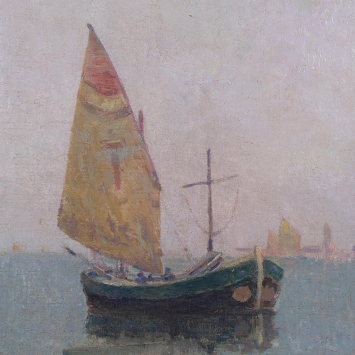 703 - Sailing barges in a lagoon, mid-20th century impressionist oil on board, unsigned, with Stacy-Marks ... 
