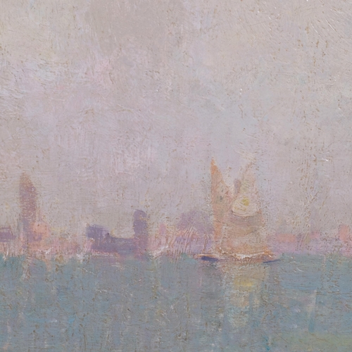 703 - Sailing barges in a lagoon, mid-20th century impressionist oil on board, unsigned, with Stacy-Marks ... 