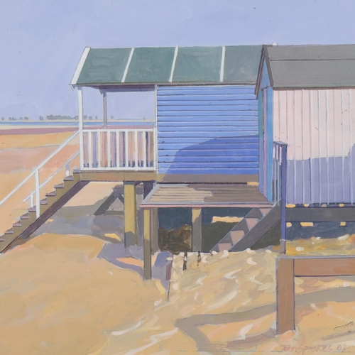 705 - John Sprakes (born 1936), 'Blue Beach Hut Wells', oil on board, 26cm x 30cm, framed and glazed.