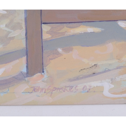 705 - John Sprakes (born 1936), 'Blue Beach Hut Wells', oil on board, 26cm x 30cm, framed and glazed.