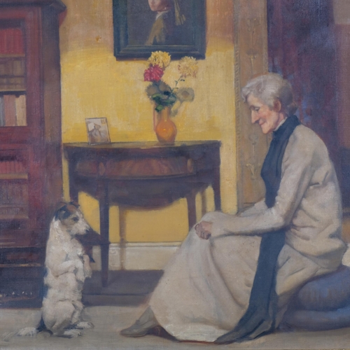 708 - Interior scene with a woman and begging Terrier, early 20th century oil on canvas, unsigned, 51cm x ... 