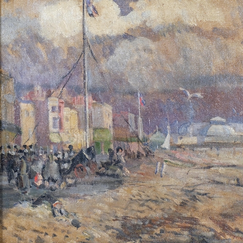 712 - Brighton promenade looking towards Brighton Pier, oil on canvas, circa 1900, unsigned, 30cm x 25.5cm... 