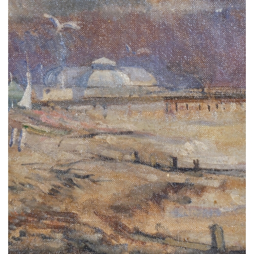 712 - Brighton promenade looking towards Brighton Pier, oil on canvas, circa 1900, unsigned, 30cm x 25.5cm... 