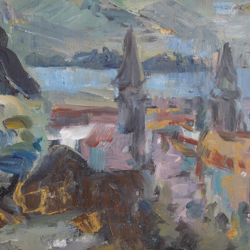 713 - Joan Roobottom, impressionist view over a town, oil on board, 19cm x 25cm, framed and glazed