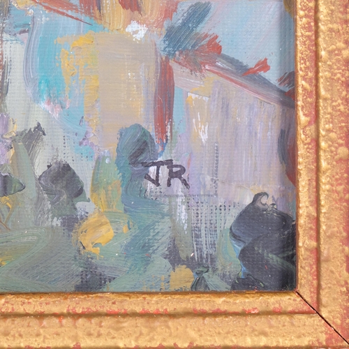 713 - Joan Roobottom, impressionist view over a town, oil on board, 19cm x 25cm, framed and glazed