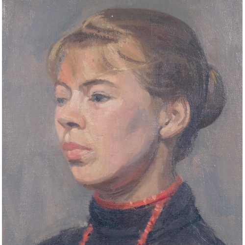 719 - Derek Owen Cooper RA (1933 - 2012), portrait of a woman, oil on canvas, 31cm x 23cm, framed provenan... 