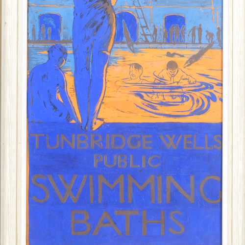 728 - Tunbridge Wells Public Swimming Baths, an original gouache advertising poster, circa 1920s, unsigned... 