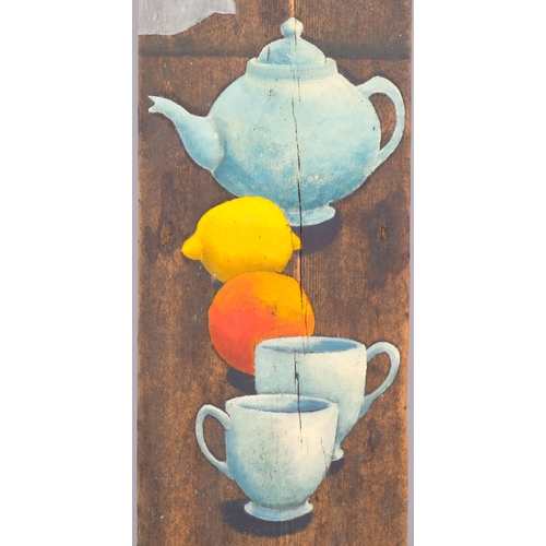 729 - Jane Sybilla Fordham, still life, oil on wood panel, 1997, 70cm x 22cm, unframed