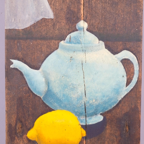 729 - Jane Sybilla Fordham, still life, oil on wood panel, 1997, 70cm x 22cm, unframed