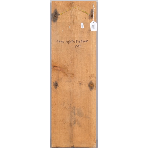 729 - Jane Sybilla Fordham, still life, oil on wood panel, 1997, 70cm x 22cm, unframed