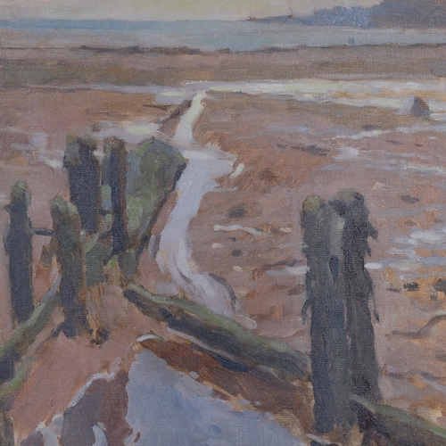 738 - David Jan Curtis (born 1948), Beach At Low Tide, 1975, oil on board, 35cm x 45cm, framed
