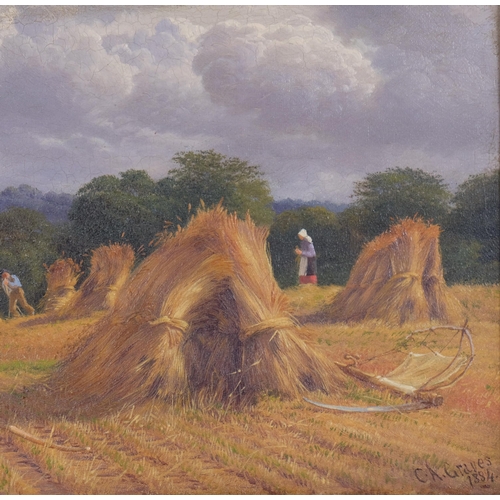 743 - Charles A Graves, Haymaking Scene, 1884, oil on canvas, 18cm x 26cm, framed. A Sussex artist, Graves... 